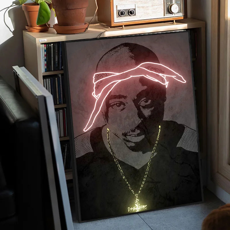 Canvas Print Art Poster Abstract Neon Design Rapper Star Canvas Paintings 2PAC Hip Hop Singers Poster Wall Art Bar Home Decor