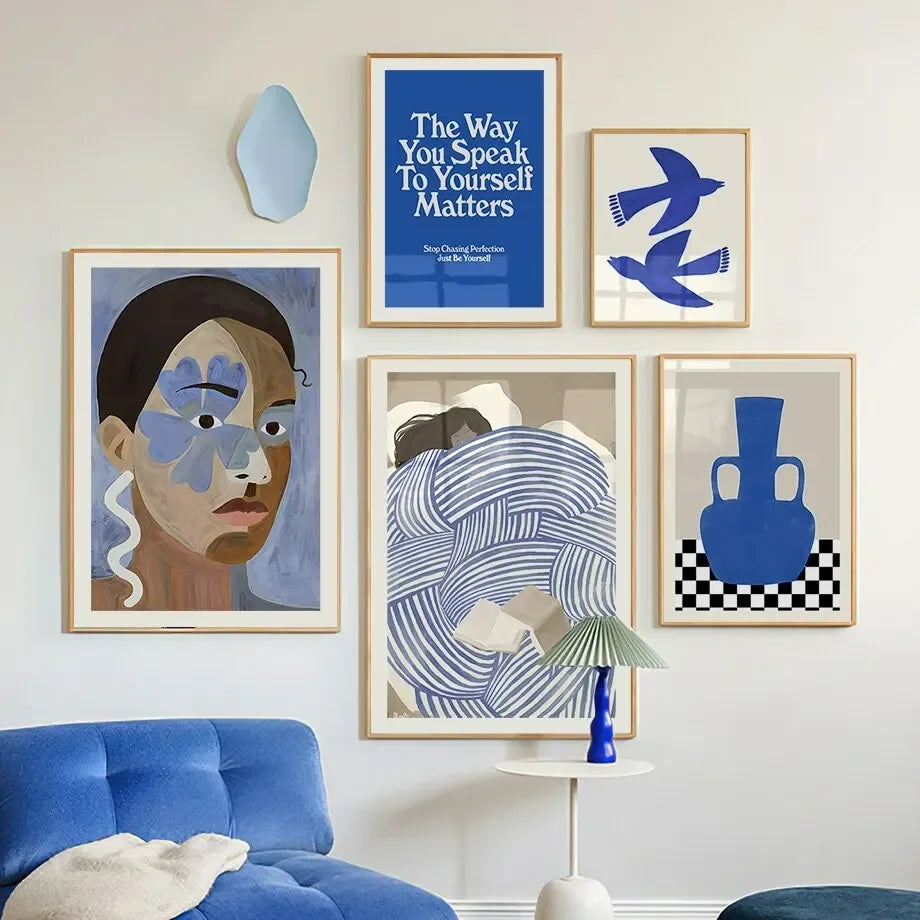 Abstract Line Face, Curve Striped Girl, Vase, Bird Canvas Painting Poster  for Home Decor  Living Room Wall Art for Bed Room