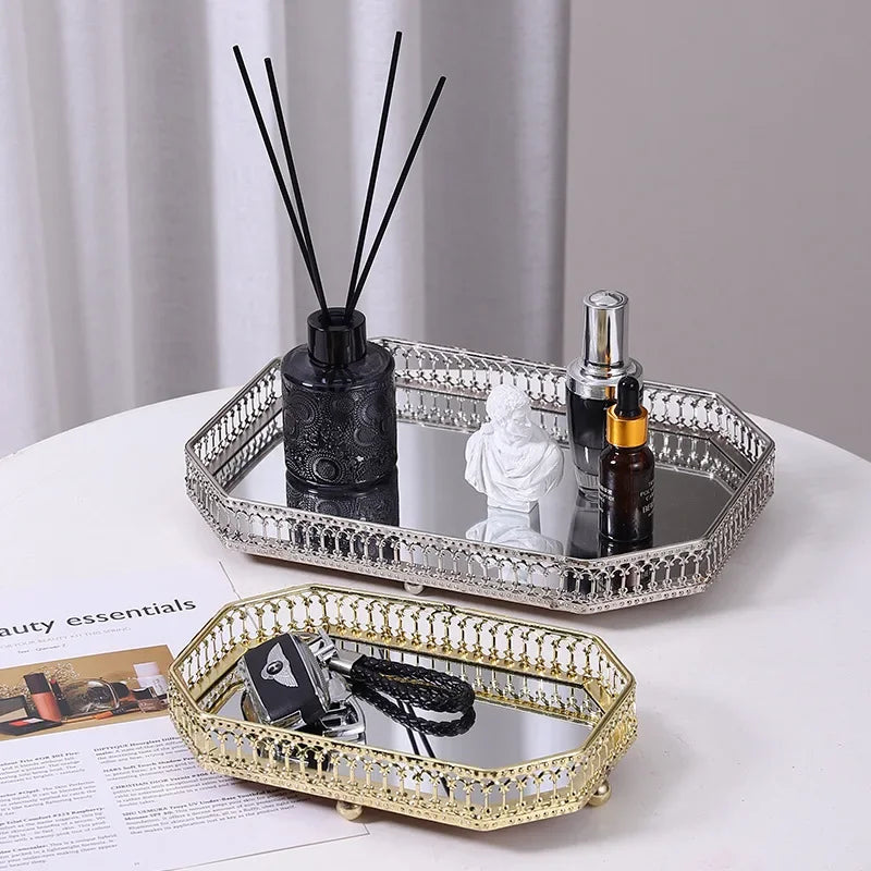 Luxury Mirror Metal Tray Cafe Restaurant Home Entrance Storage Tray Sample Pose Decoration Props Trays Decorative