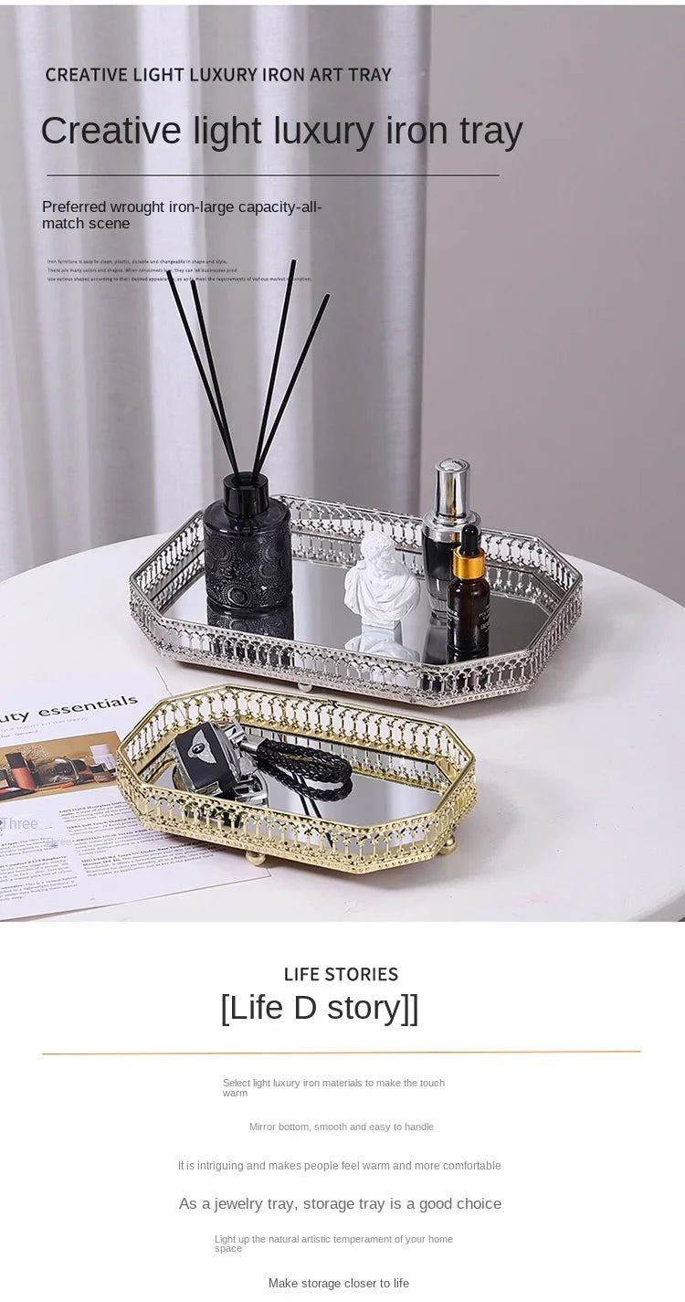 Luxury Mirror Metal Tray Cafe Restaurant Home Entrance Storage Tray Sample Pose Decoration Props Trays Decorative