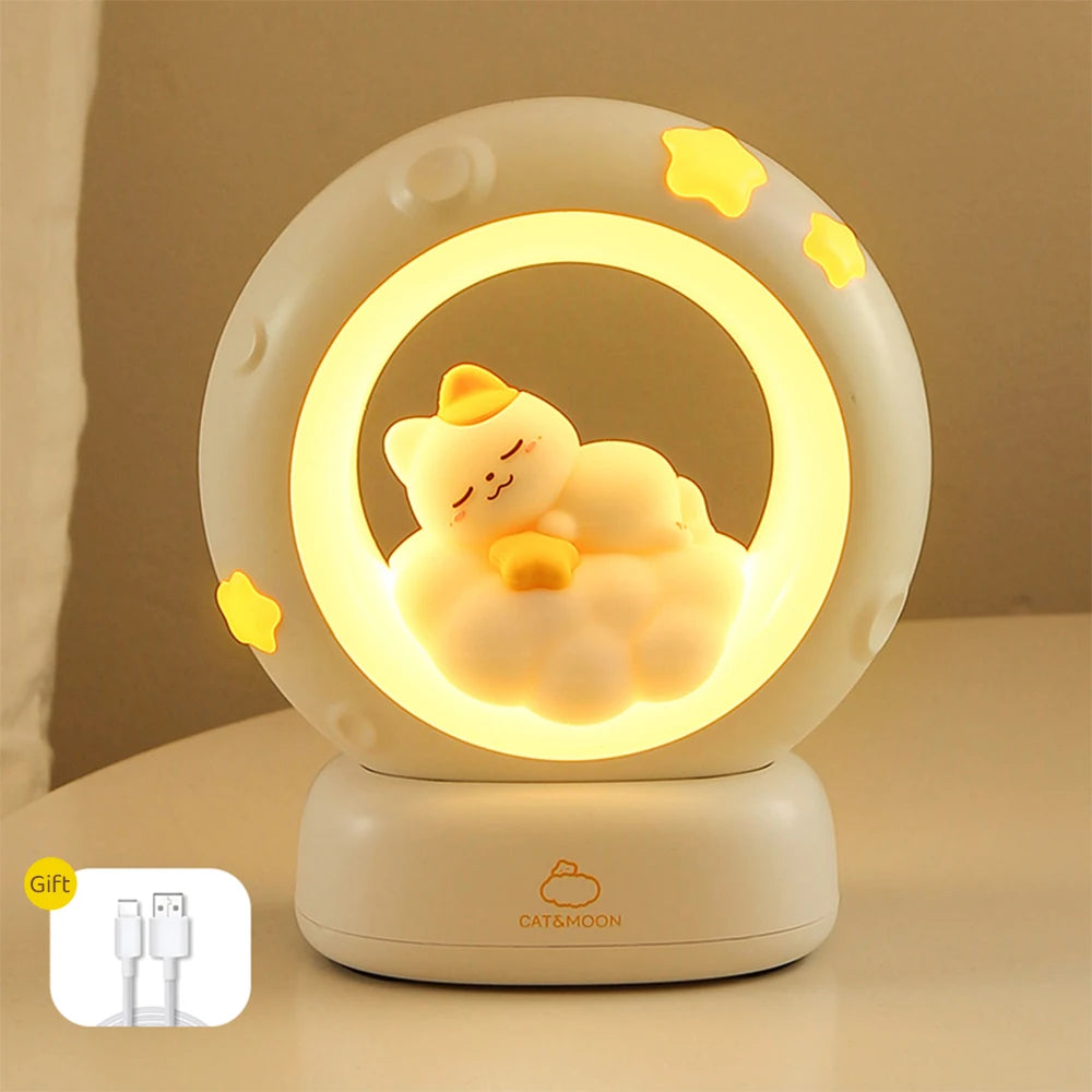 3Style Moon Night Light Cute Rabbit Cat Panda Lamps Room Bedside Decoration USB Rechargeable Kawii Animal Gift Warm Soft Light