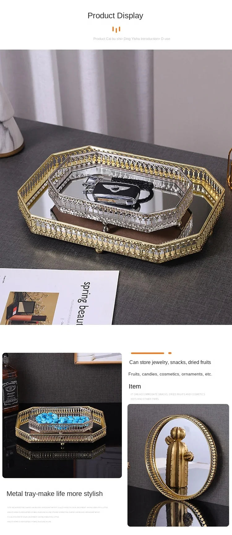 Luxury Mirror Metal Tray Cafe Restaurant Home Entrance Storage Tray Sample Pose Decoration Props Trays Decorative