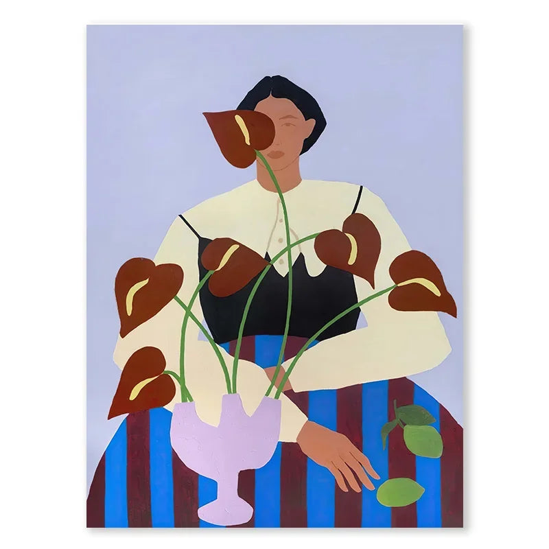 Abstract Line Face, Curve Striped Girl, Vase, Bird Canvas Painting Poster  for Home Decor  Living Room Wall Art for Bed Room