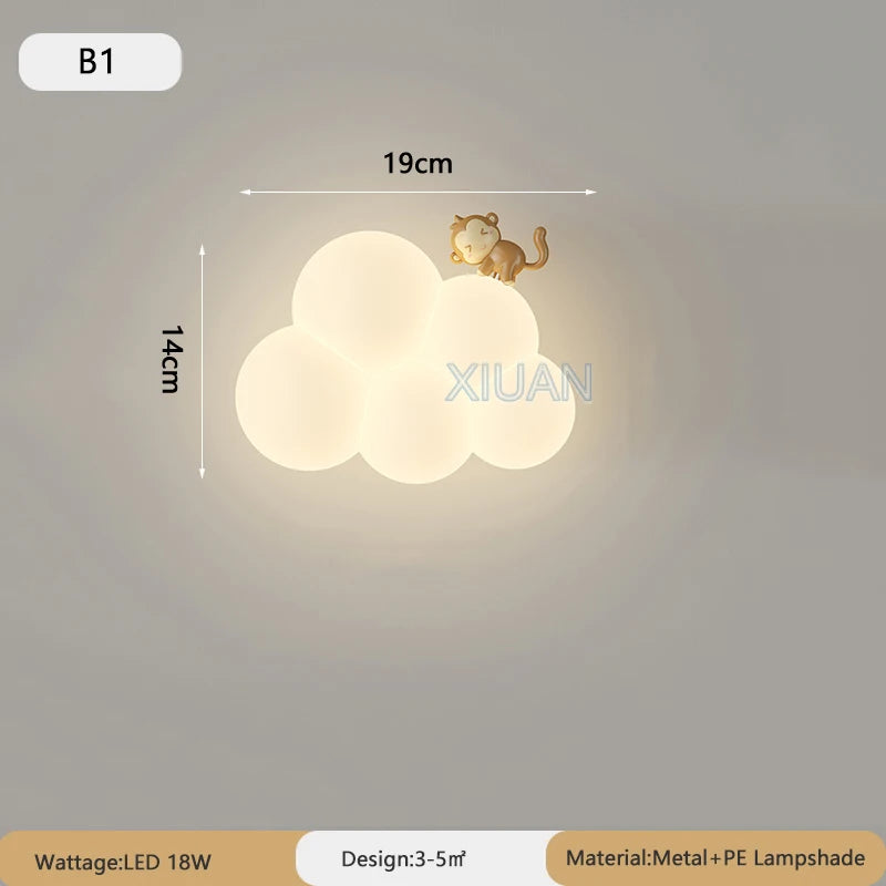 Monkey Light Cartoon Animal Wall Lamp White Cloud Sconce Nursery Room Night Light Children's Bedroom Bedside Lamp Eye Protection