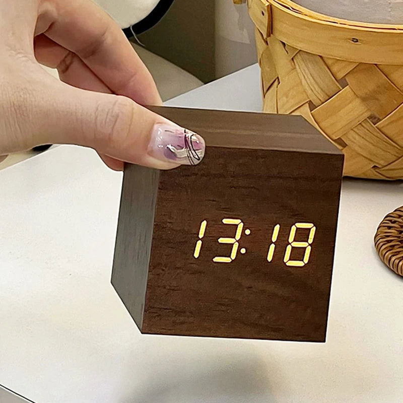 Wooden Digital Alarm Clock with Temperature Cube Electronic Control Clocks LED Alarm Clock Office Decoration Room Desk Decor