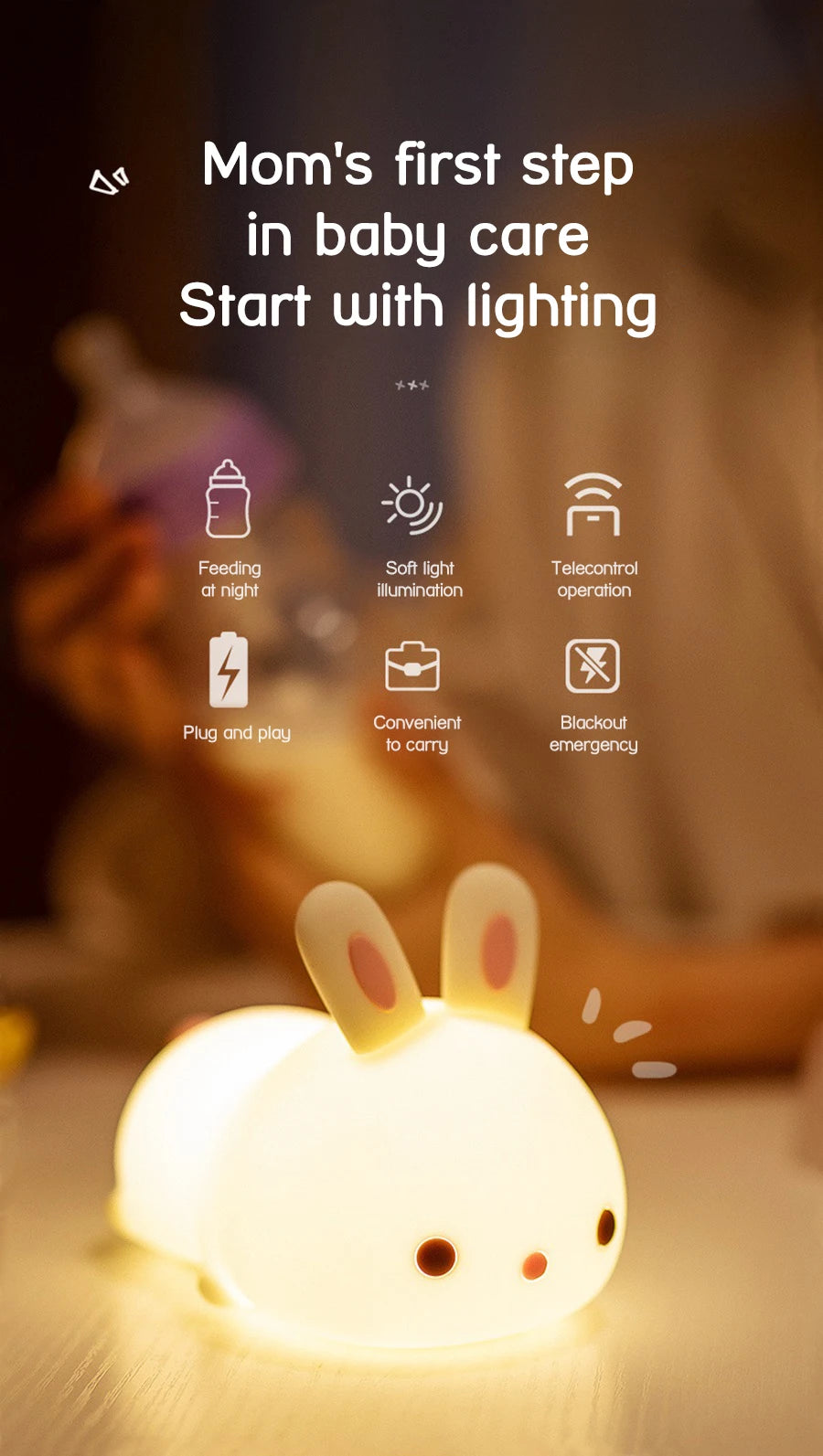 Touch Sensor RGB LED Rabbit Night Light 16 Colors USB Rechargeable Silicone Bunny Lamp for Children Baby Toy Festival Gift