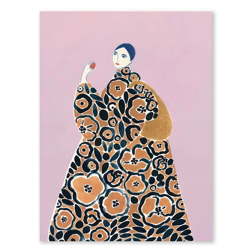 Tulip Violets Vase Woman Coat Flower Posters Light Green Abstract Aesthetics Canvas Painting Print Pictures Living Room Decor