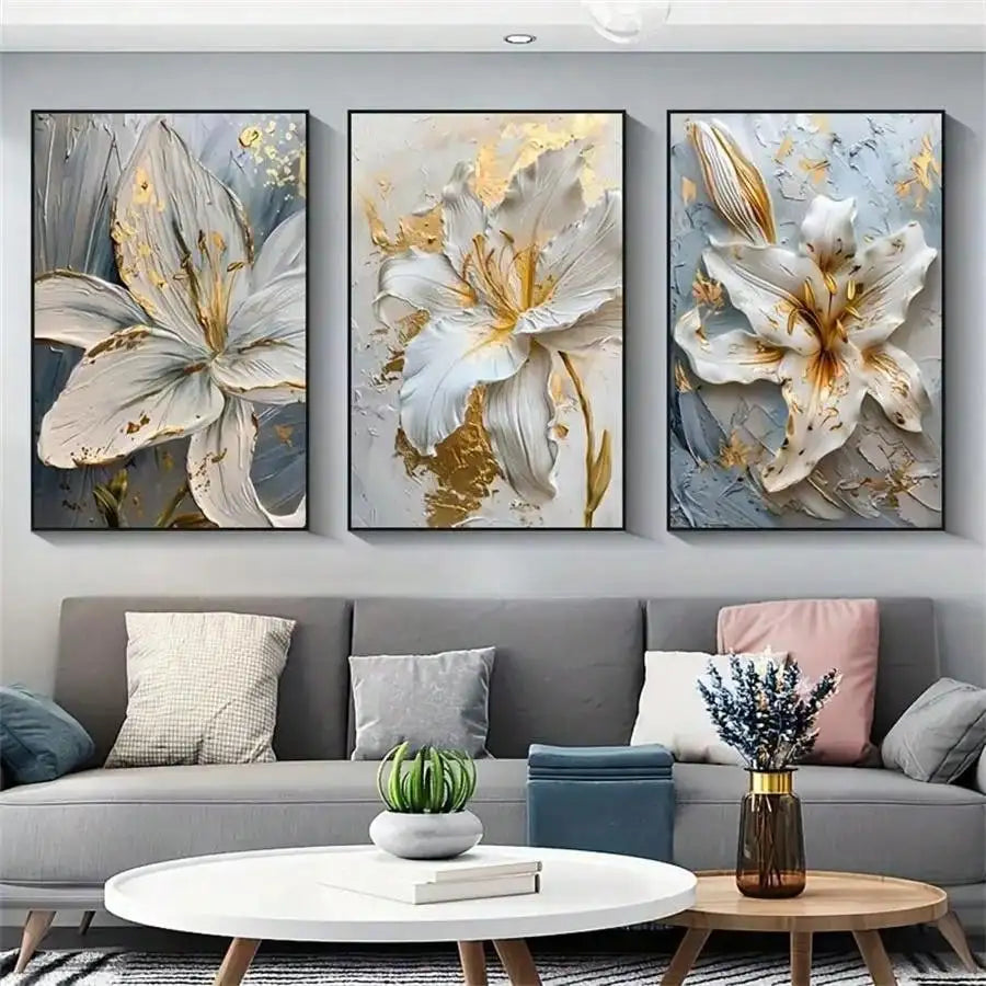 Fashion Gold and White Flower Canvas Posters Painting Abstract 3D Lily Flowers Wall Art Print for Bedroom Living Rome Home Decor