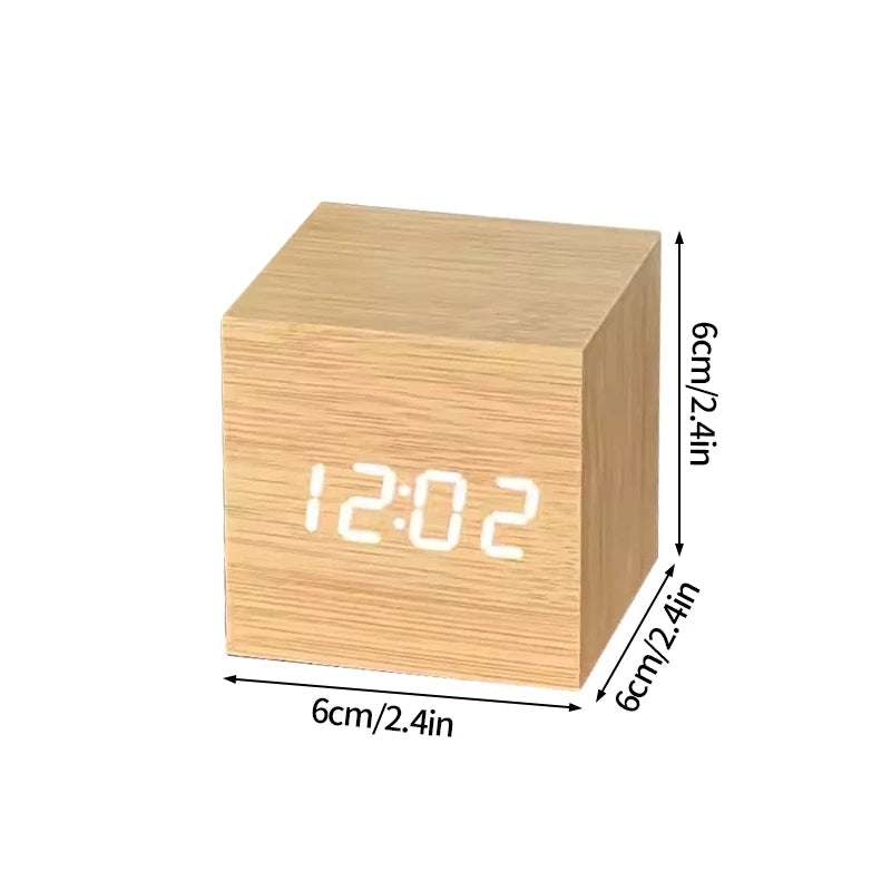 Wooden Digital Alarm Clock with Temperature Cube Electronic Control Clocks LED Alarm Clock Office Decoration Room Desk Decor