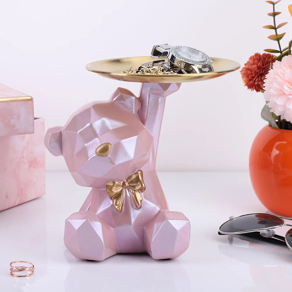 Bear Storage Tray Geometric Bear Key Bowl Multifunctional Key Holder Figurine Decorative Jewelry Candy Tray for Home Office