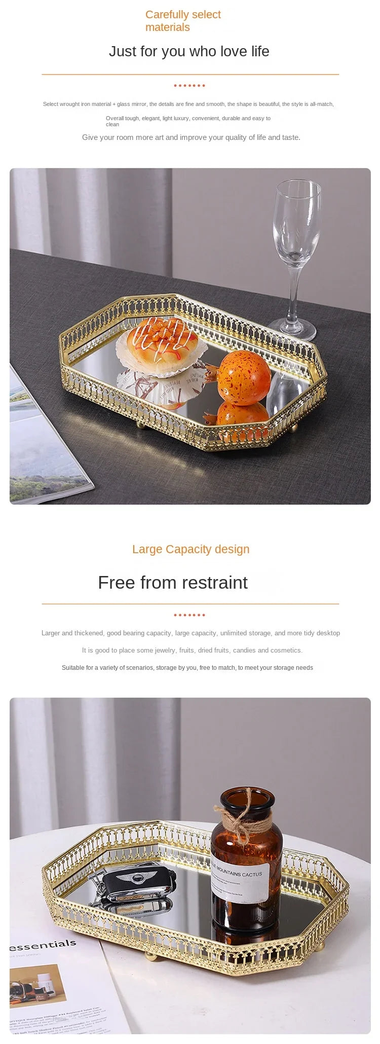 Luxury Mirror Metal Tray Cafe Restaurant Home Entrance Storage Tray Sample Pose Decoration Props Trays Decorative