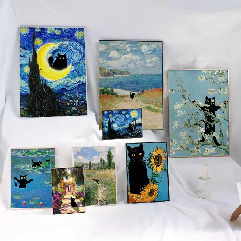 Funny Black Cat Wall Art Van Gogh Poster Abstract Famous Reproduction Canvas Painting Aesthetic Room Home Decor