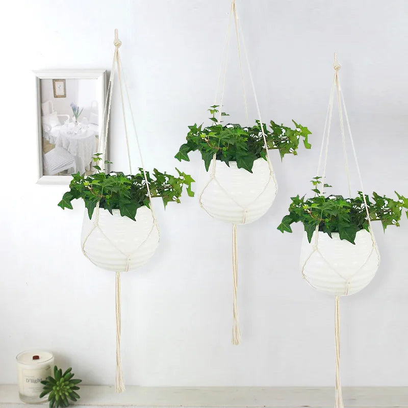 Green Plant Hanging Basket Cotton Rope Handmade Plant Hanger Flower Pot Macrame Pot Pocket Wall Boho Courtyard Home Decoration