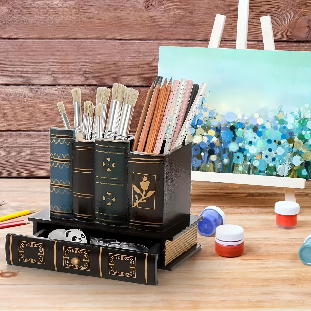 Vintage European Wooden Pen Holder - Creative Desk Organizer and Decorative Storage Box