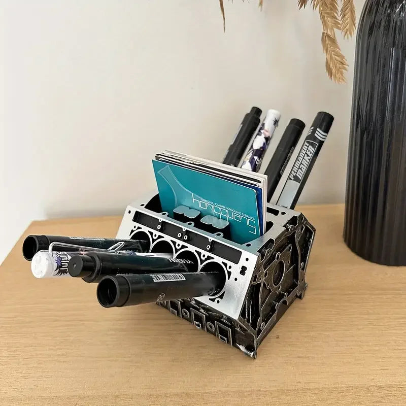 Creative Engine Block Desk Organizer Business Card Pen Holder Perfect Gift for Car Enthusiasts Resin Construction