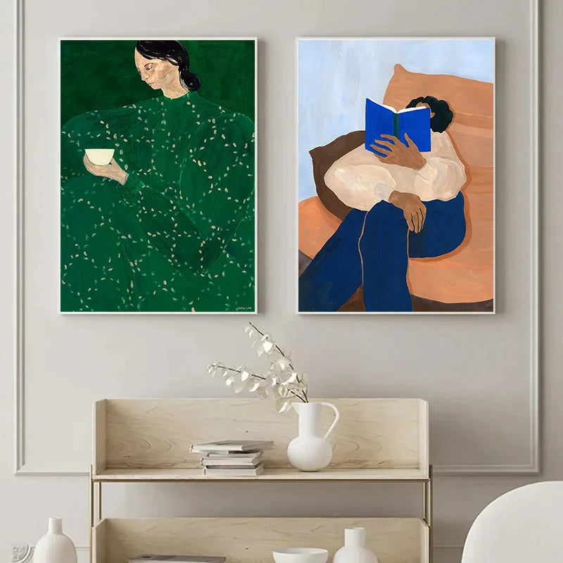 Abstract Nordic Figure Lines Girl Reading Book Posters Prints Wall Art Canvas Painting Blue Strip Wall Picture Home Room Decor