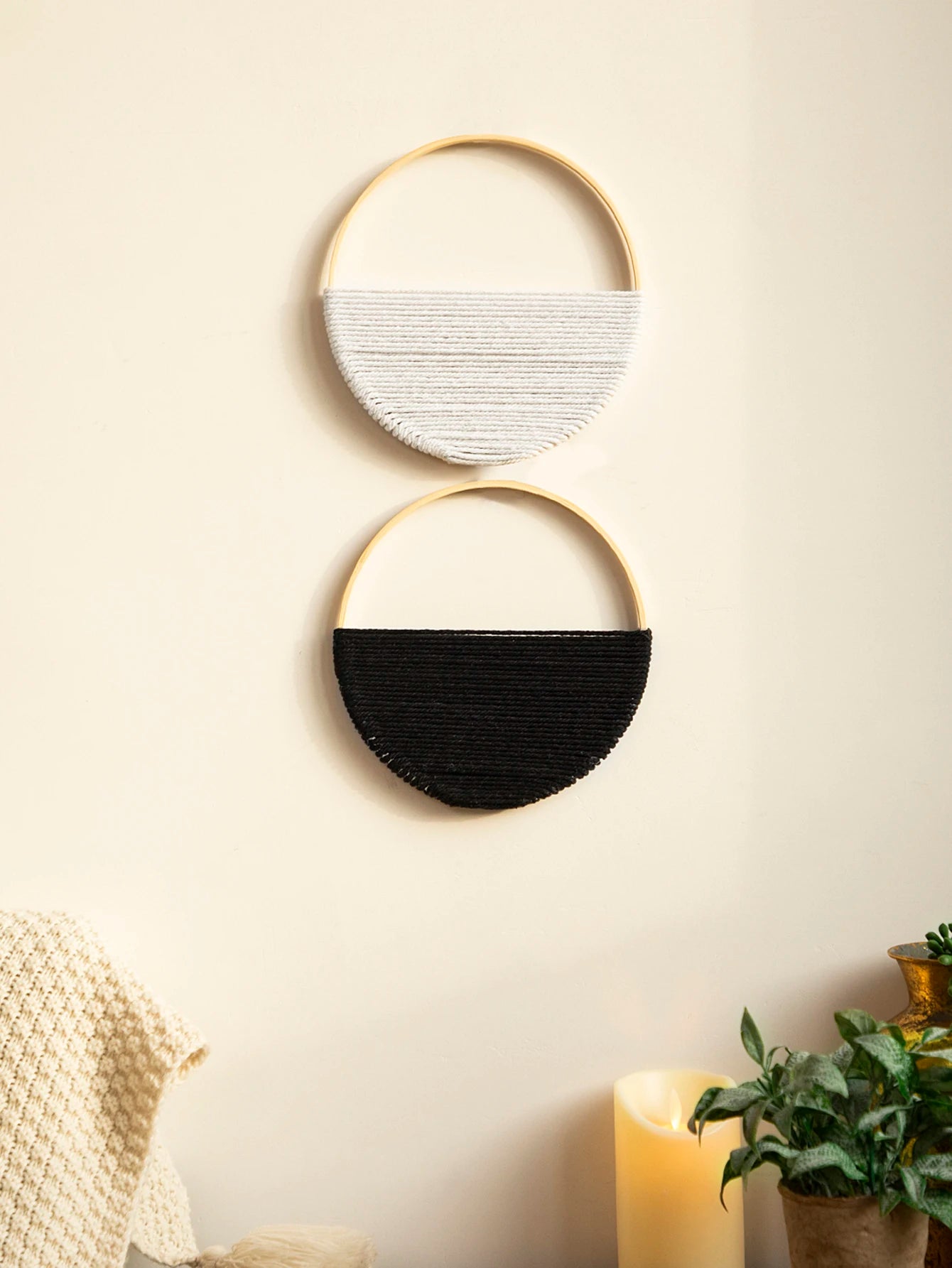 2pcs Macrame Round Wall Hanging Woven Tapestry Bamboo Circle Wall Decor Boho Home Decorations Living Room Decors Aesthetic Gifts