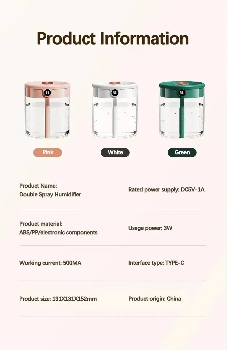Dual Spray Humidifier USB Large Capacity Home 2L Quiet Bedroom LED Digital Display Night Light Office Desktop Mini Diffuser