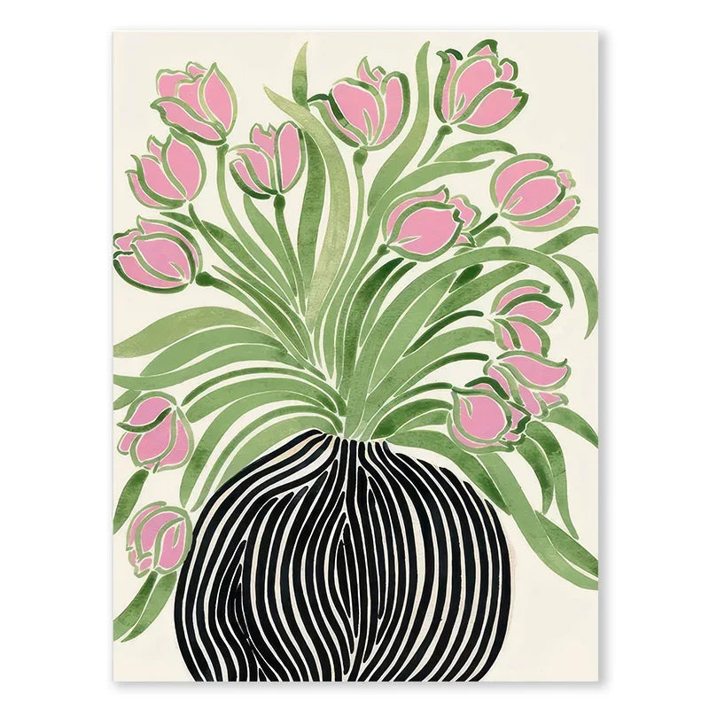 Tulip Violets Vase Woman Coat Flower Posters Light Green Abstract Aesthetics Canvas Painting Print Pictures Living Room Decor