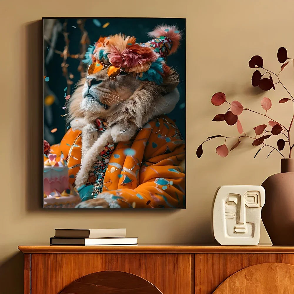 1PC Modern Maximalist Boho Wall Art Animals Leopard Lion Giraffe Monkey Poster Self-adhesive Art Waterproof Paper Sticker Coffee