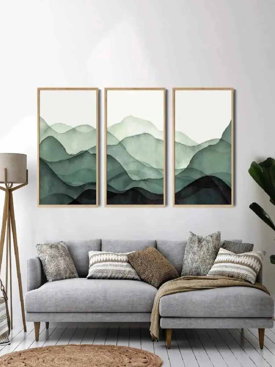 Piece Abstract Green Mountain Ink and Wash Landscape Canvas Wall Art Prints  Modern Living Room Decor
