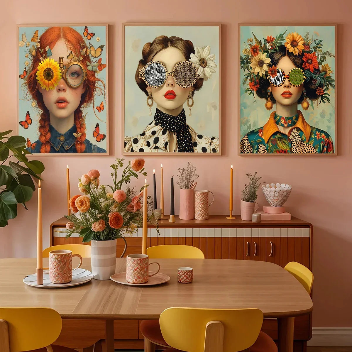 3pcs Nordic Boho Fashion Glasses Woman with Flowers Wall Art Canvas Painting Butterfly Girl Portrait Poster Prints Mural Picture
