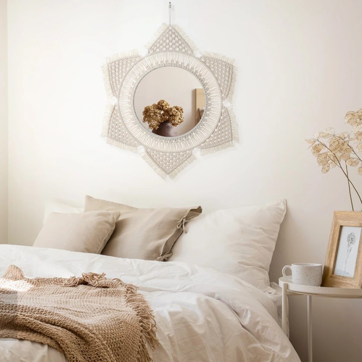 Boho Macrame Round Mirror Decorative Mirrors Aesthetic Room Decor Hanging Wall Mirror for Bedroom Living Room House Decoration