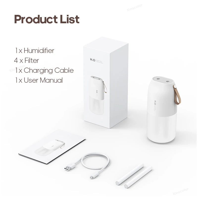 Cordless Rechargeable Air Humidifier 2000mAh Wireless Cool Mist Diffuser Car Home Ultrasonic Humidifier with Warm Nightlight