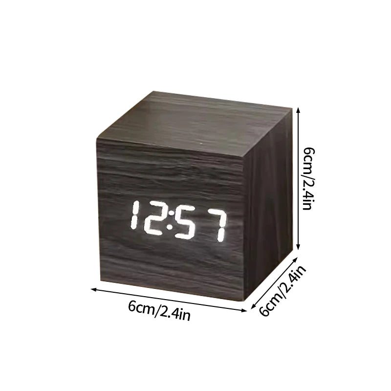 Wooden Digital Alarm Clock with Temperature Cube Electronic Control Clocks LED Alarm Clock Office Decoration Room Desk Decor