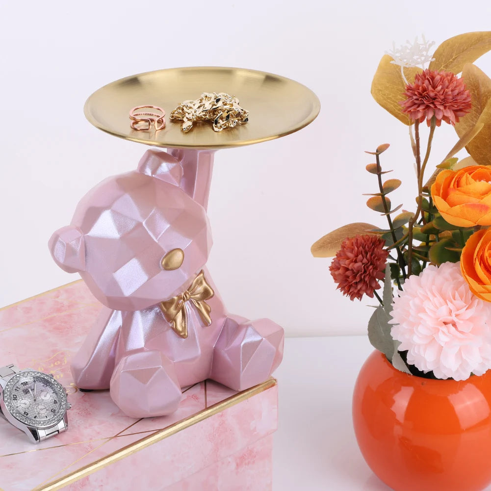 Bear Storage Tray Geometric Bear Key Bowl Multifunctional Key Holder Figurine Decorative Jewelry Candy Tray for Home Office