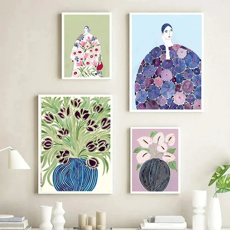 Tulip Violets Vase Woman Coat Flower Posters Light Green Abstract Aesthetics Canvas Painting Print Pictures Living Room Decor