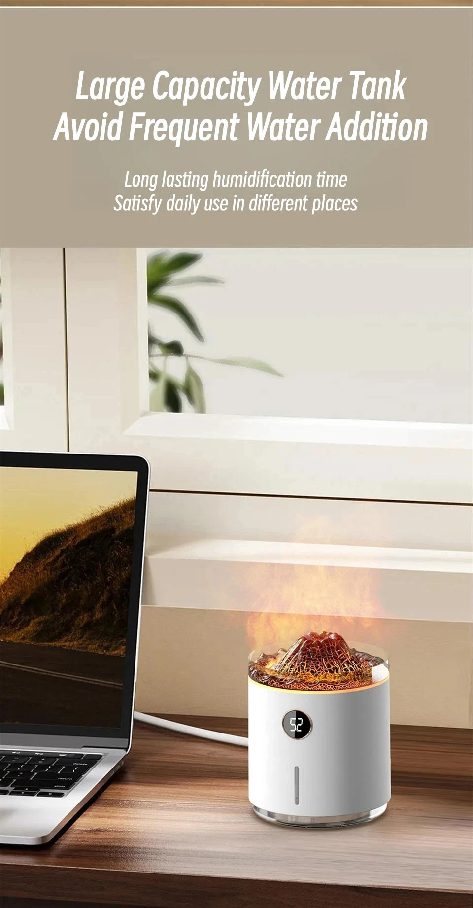350ml USB Charging Air Humidifier Ultrasonic Aroma Essential Oil Diffuser with Volcano Flame Lamp Mini Portable Mist Humidifier