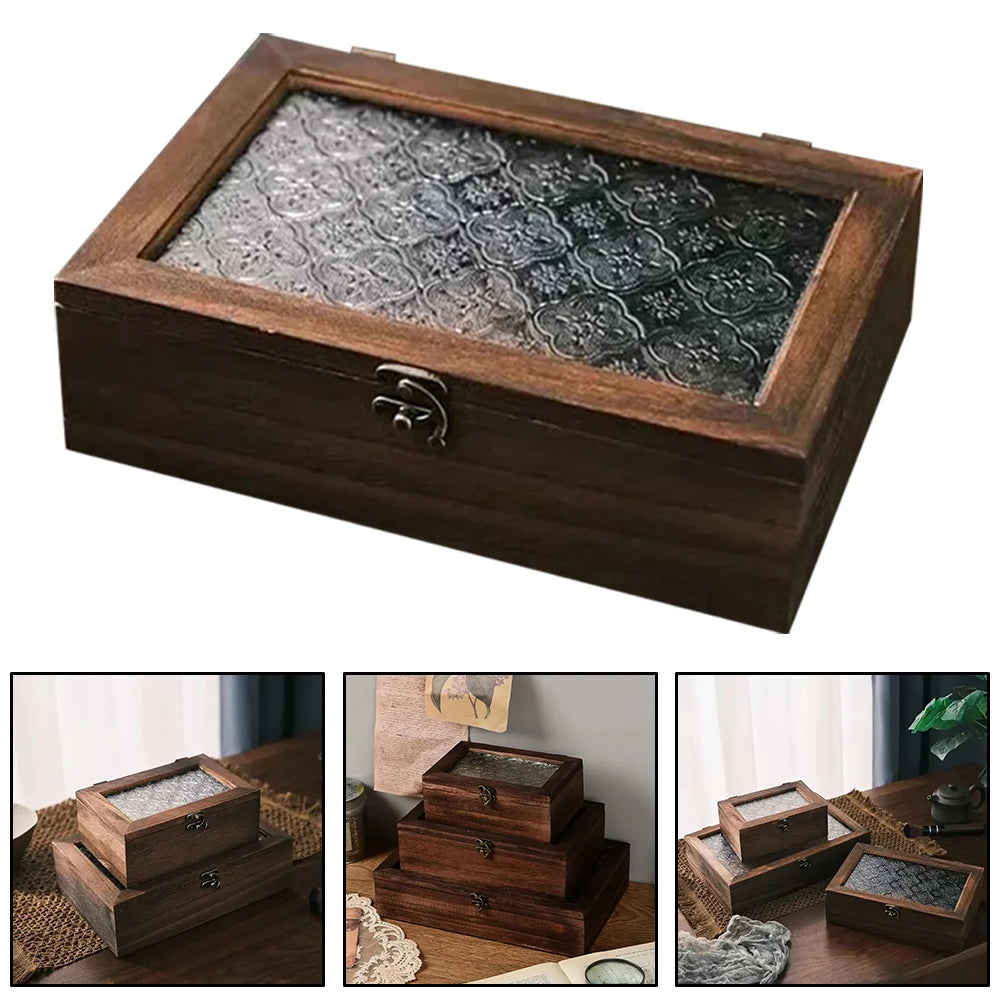 Rectangular Wooden Storage Box Nordic Retro Solid Wood Begonia Flower Glass Desktop Storage Decorative Box Hinged Storage Boxes