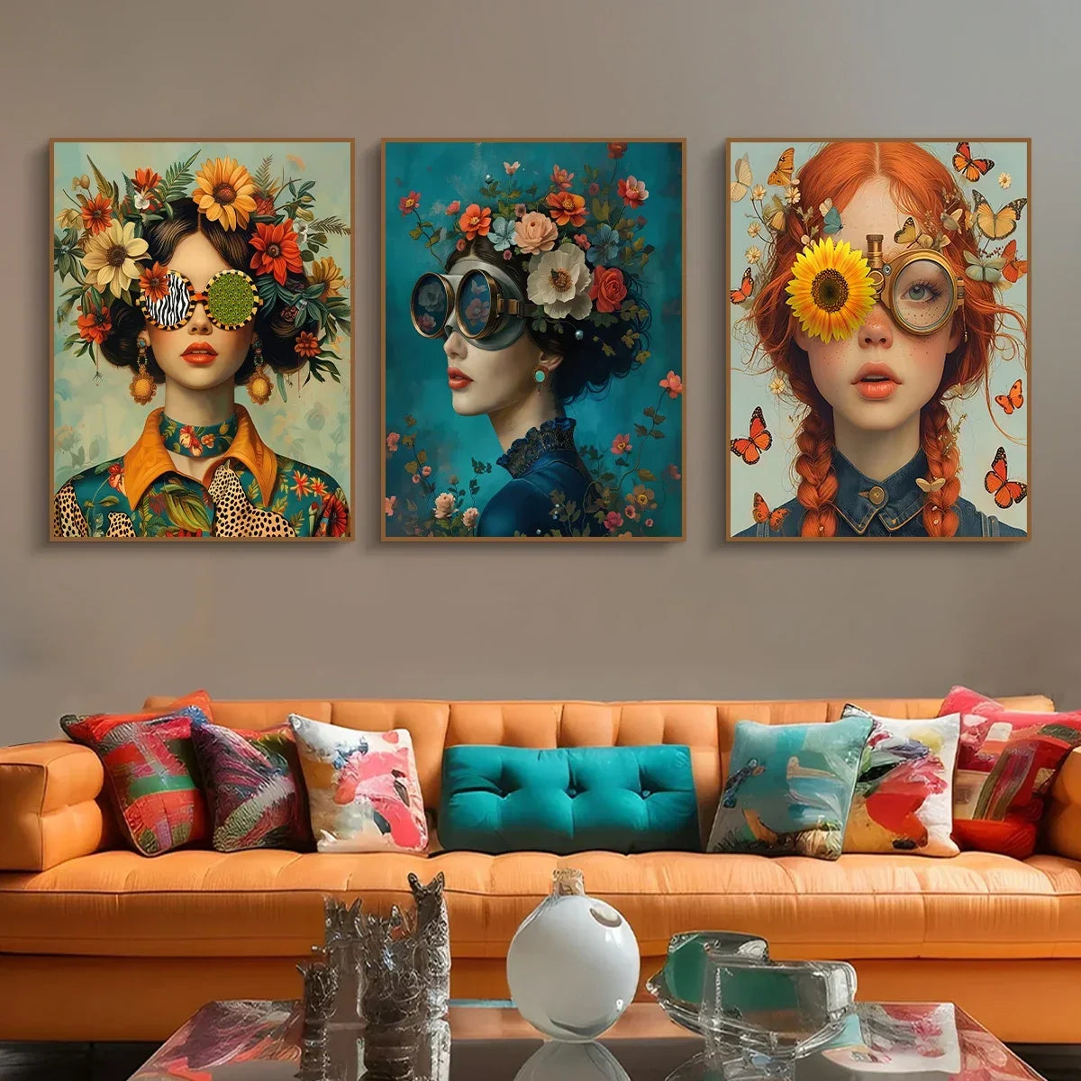 3pcs Nordic Boho Fashion Glasses Woman with Flowers Wall Art Canvas Painting Butterfly Girl Portrait Poster Prints Mural Picture