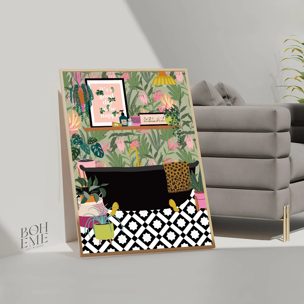 Greek Tile Botanical Plants Art Boho Green Leaves  Self-adhesive Art Poster Whitepaper Sticker DIY Room Bar Cafe Wall Decor