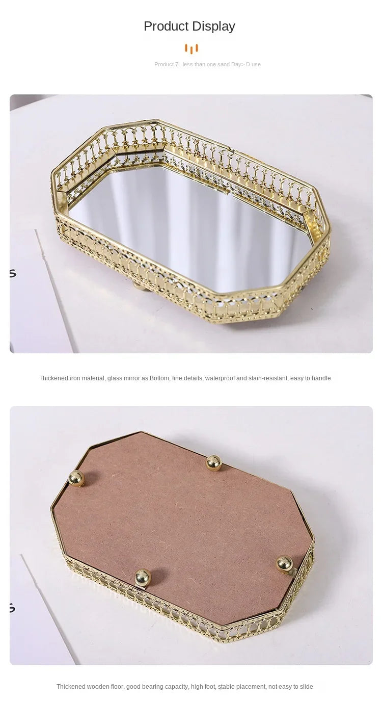 Luxury Mirror Metal Tray Cafe Restaurant Home Entrance Storage Tray Sample Pose Decoration Props Trays Decorative