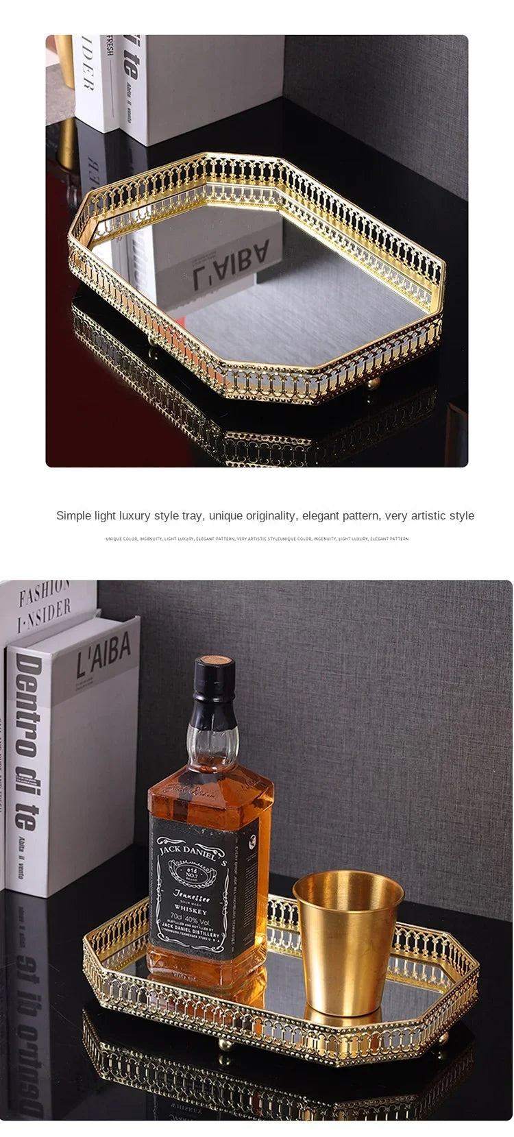 Luxury Mirror Metal Tray Cafe Restaurant Home Entrance Storage Tray Sample Pose Decoration Props Trays Decorative