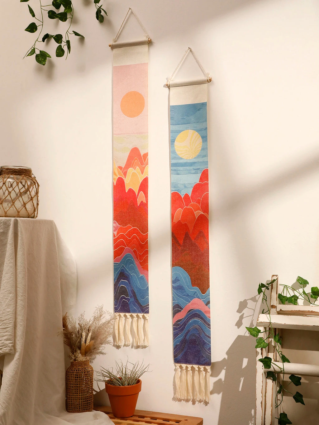 Macrame Tapestry Sunset Sunrise Handmade Wall Tapestries Boho Art Home Decoration Wall Hanging for Living Room Bedroom Ornament