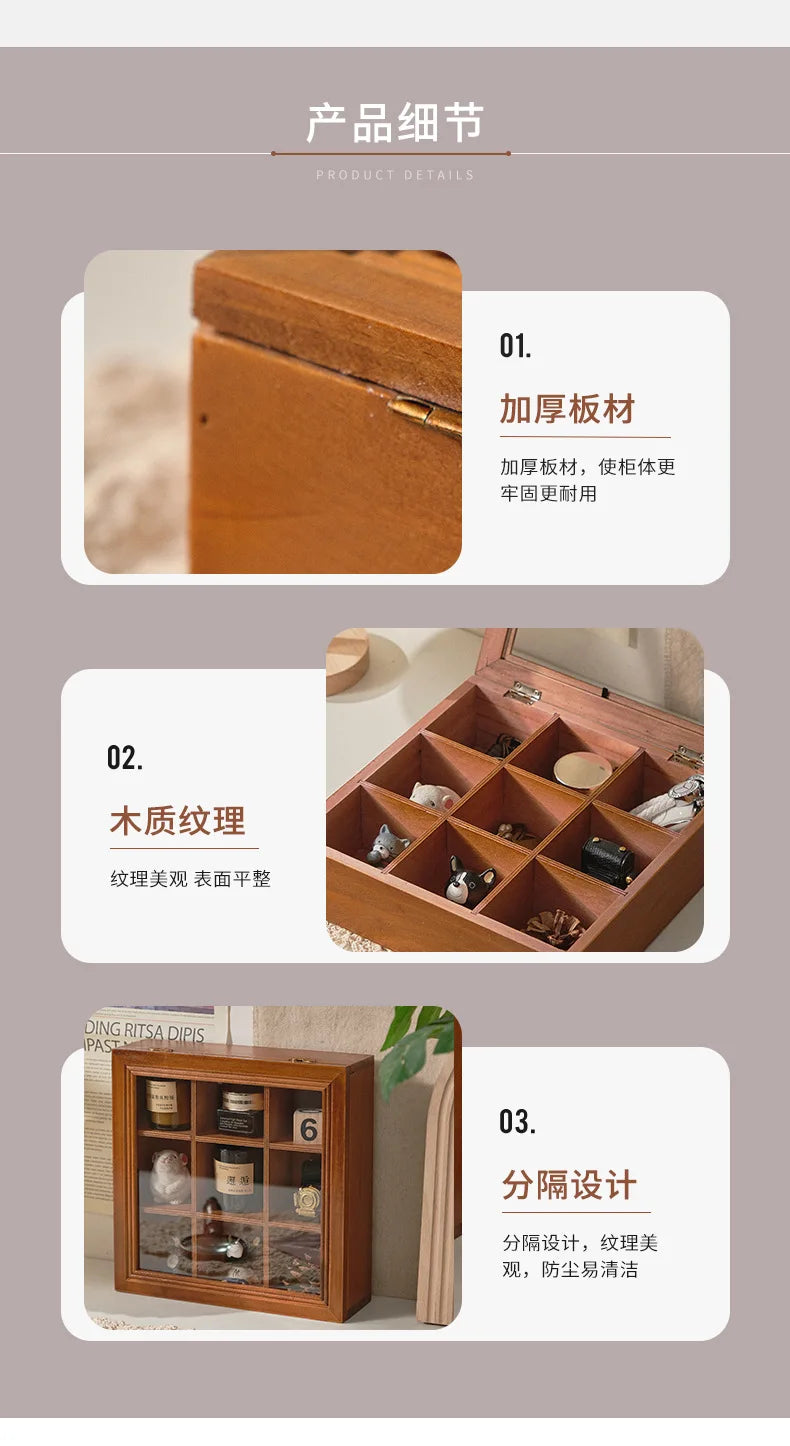 Vintage Desktop Jewelry Storage Box Household Solid Wood Desktop 9 Grids Figure Jewelry Storage Organization Rack