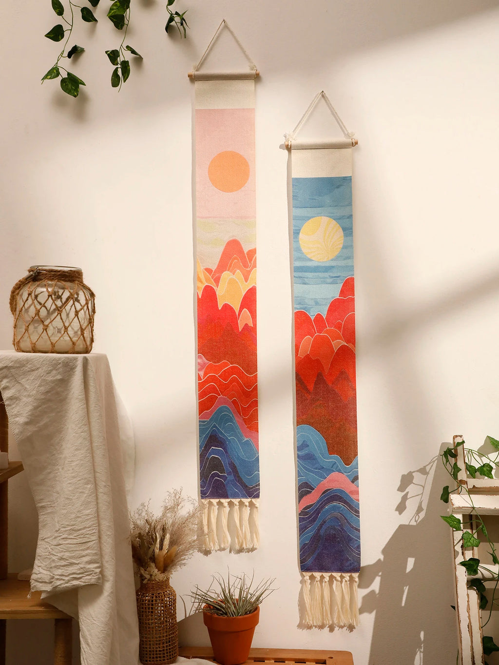 Macrame Tapestry Sunset Sunrise Handmade Wall Tapestries Boho Art Home Decoration Wall Hanging for Living Room Bedroom Ornament