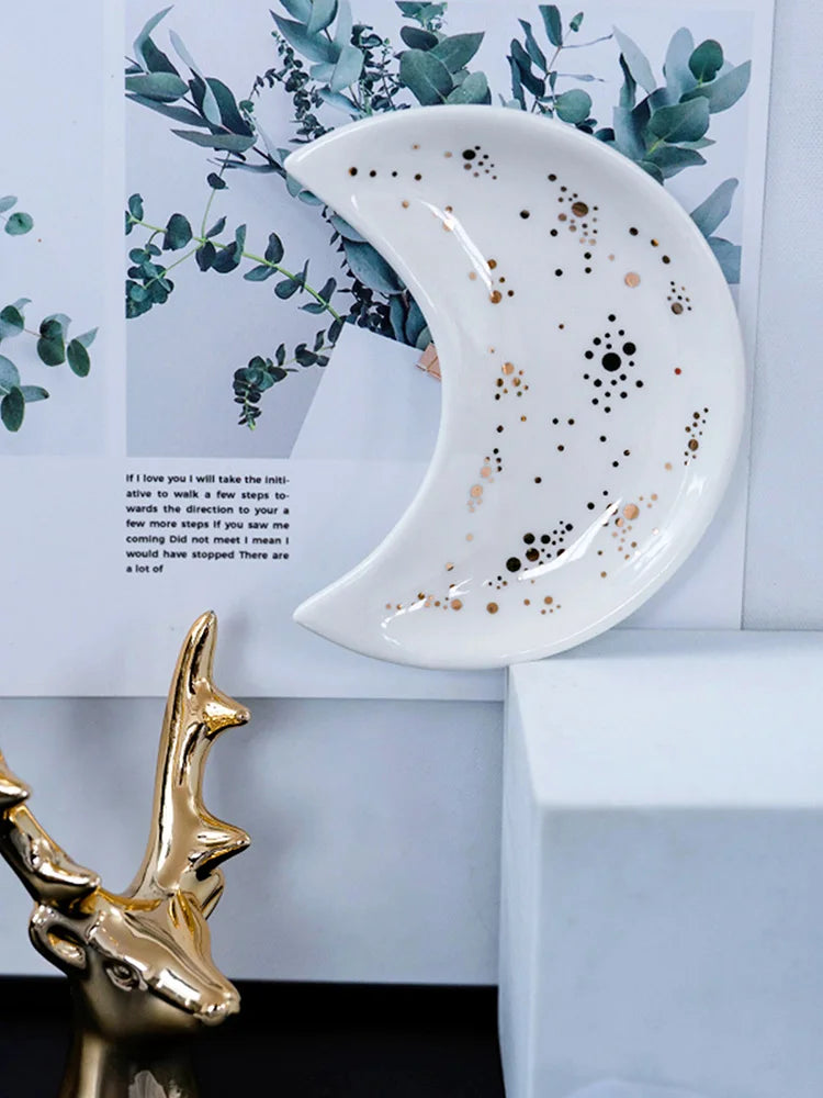 Nordic Ceramic Moon Shape Small Jewelry Dish Earrings Necklace Ring Storage Plates Fruit Dessert Display Bowl Decoration Trays