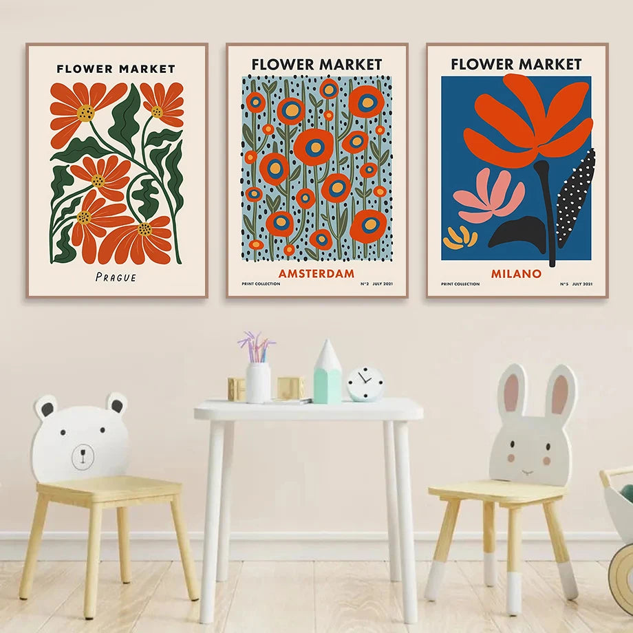 Colorful Retro Flower Market Amsterdam Abstract Poster Boho Flower Shop Sign Prints Canvas Painting Wall Picture Home Room Decor