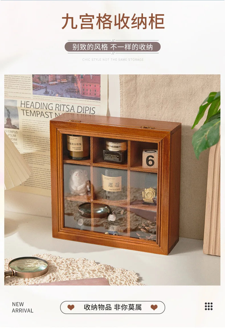 Vintage Desktop Jewelry Storage Box Household Solid Wood Desktop 9 Grids Figure Jewelry Storage Organization Rack