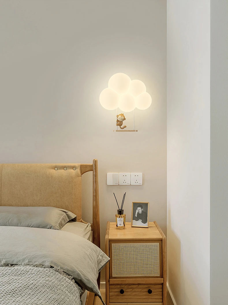 Monkey Light Cartoon Animal Wall Lamp White Cloud Sconce Nursery Room Night Light Children's Bedroom Bedside Lamp Eye Protection