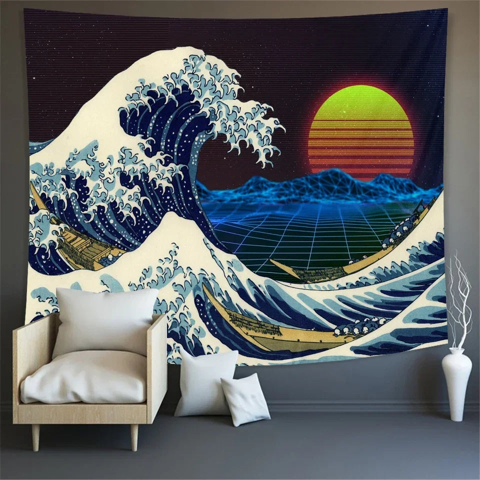 Japanese Kanagawa Big Wave Tapestry Psychedelic Tapestry Teen Indie Room Decor Macrame Wall Hanging Large Fabric Wall Tapestry