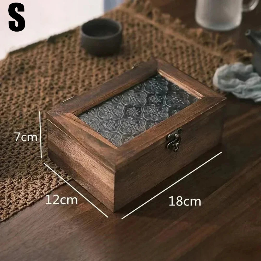 Rectangular Wooden Storage Box Nordic Retro Solid Wood Begonia Flower Glass Desktop Storage Decorative Box Hinged Storage Boxes