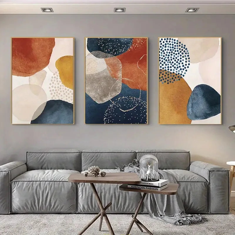 3pcs Modern Abstract Art Canvas Painting Orange Blue Color Block Golden Line Poster Living Room Posters Prints Wall Decoration