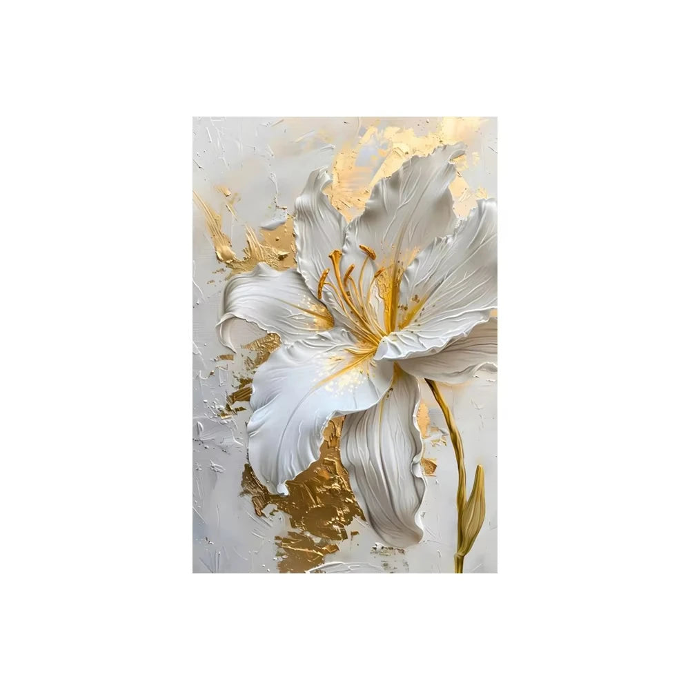 Fashion Gold and White Flower Canvas Posters Painting Abstract 3D Lily Flowers Wall Art Print for Bedroom Living Rome Home Decor