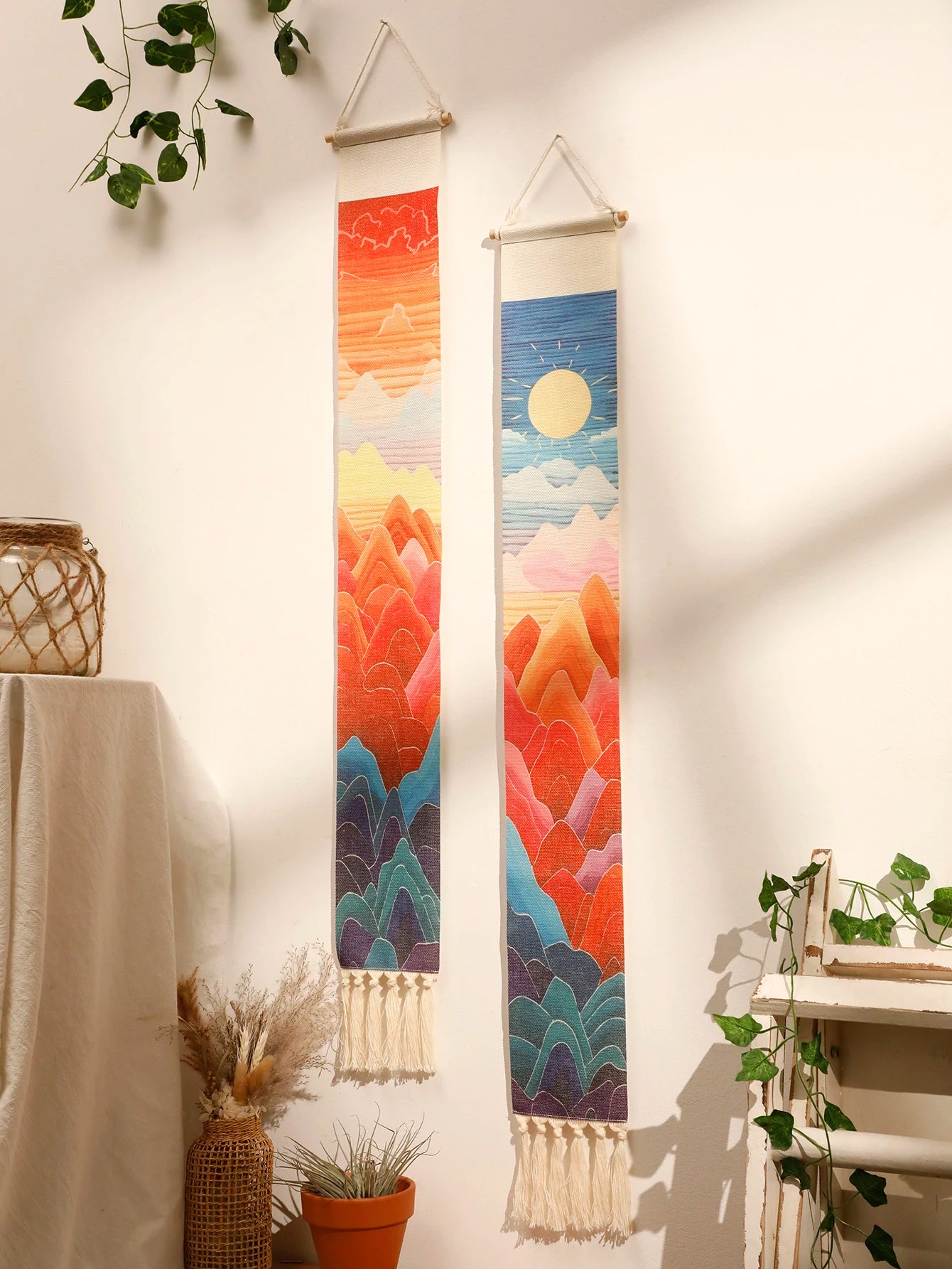 Macrame Wall Tapestry Mountain & Sunrise and sunset Boho Home Decoration Tapestry Wall Hanging Room Decors Aesthetic Wall Decor