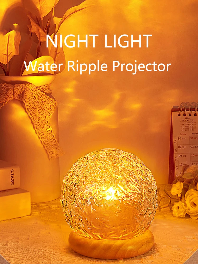 New Water Ripple Projector Night Light Crystal Mood Lamp Decoration Home Houses Bedroom Aesthetic Christmas Gift Sunset Lights